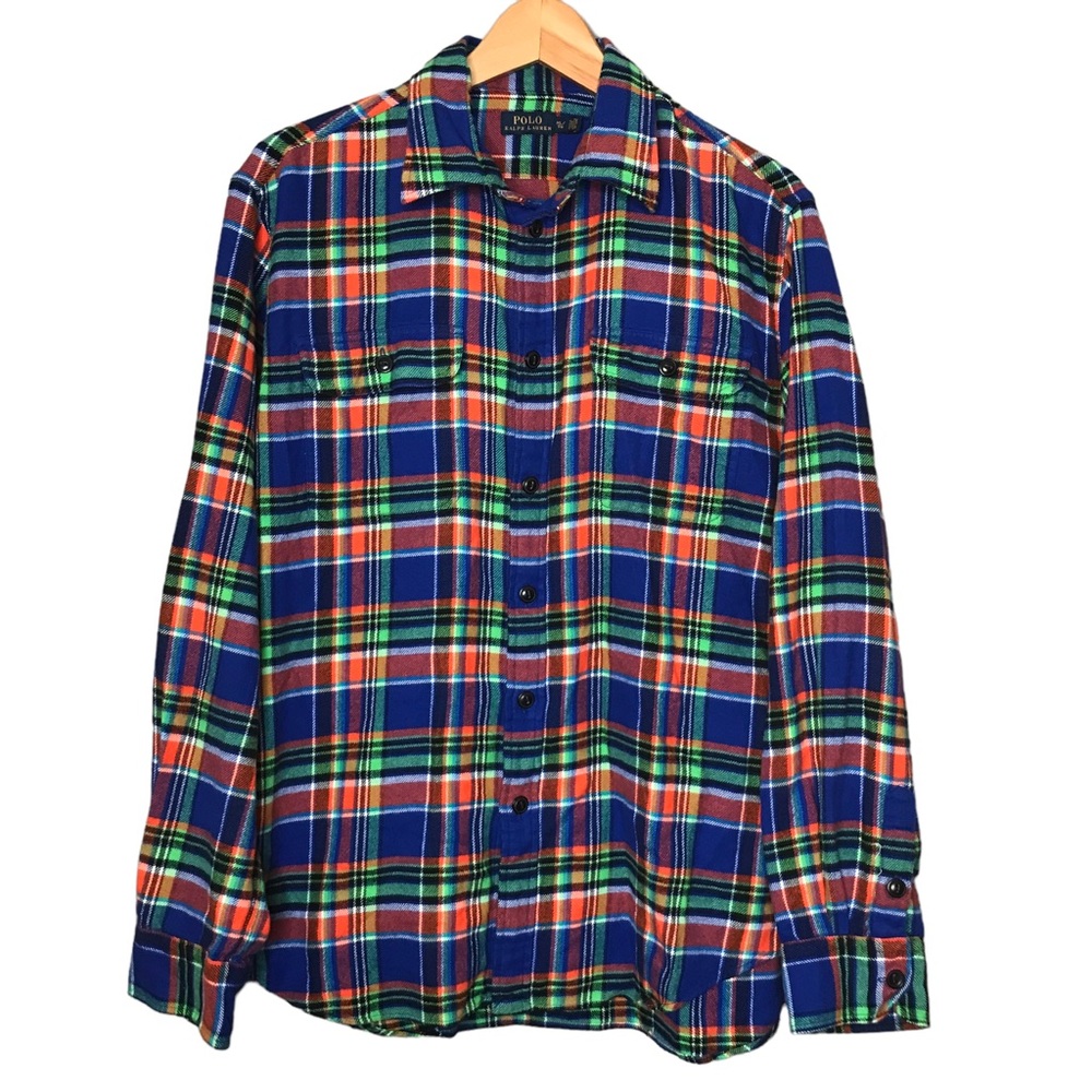 XL Polo Ralph Lauren Plaid Tartan Button Up Casual Shirt Flannel Blue Cotton